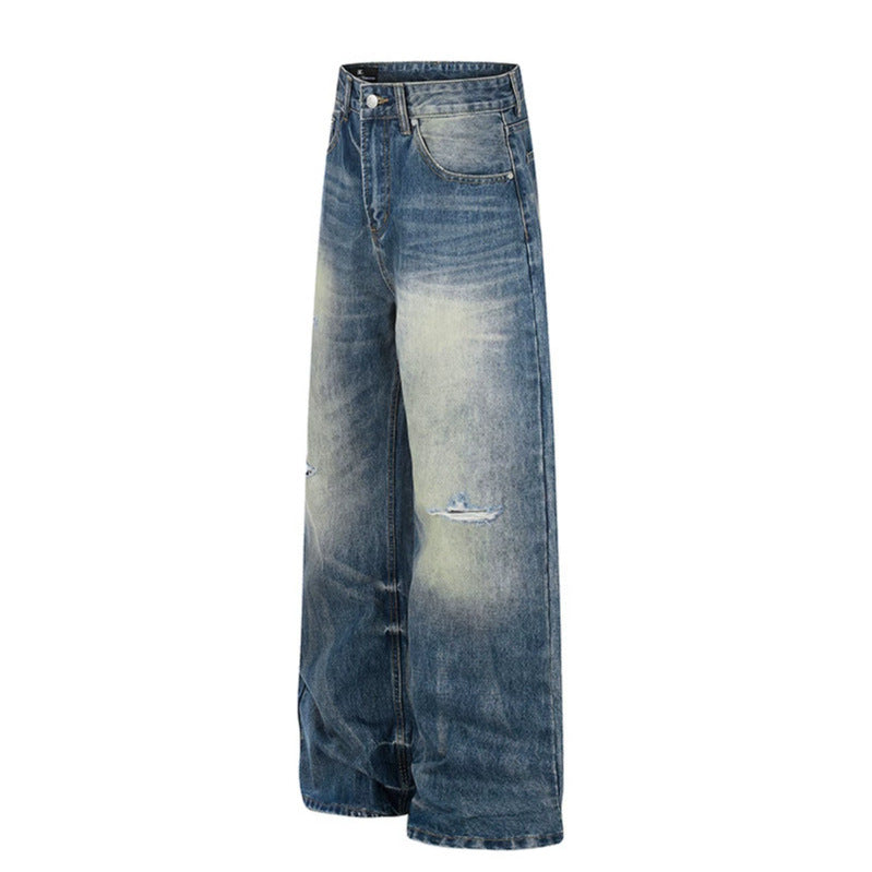 Damen Hochgeschnittene Jeans mit weitem Bein, Used‑Waschung und Destroyed‑Details Echoarchiv