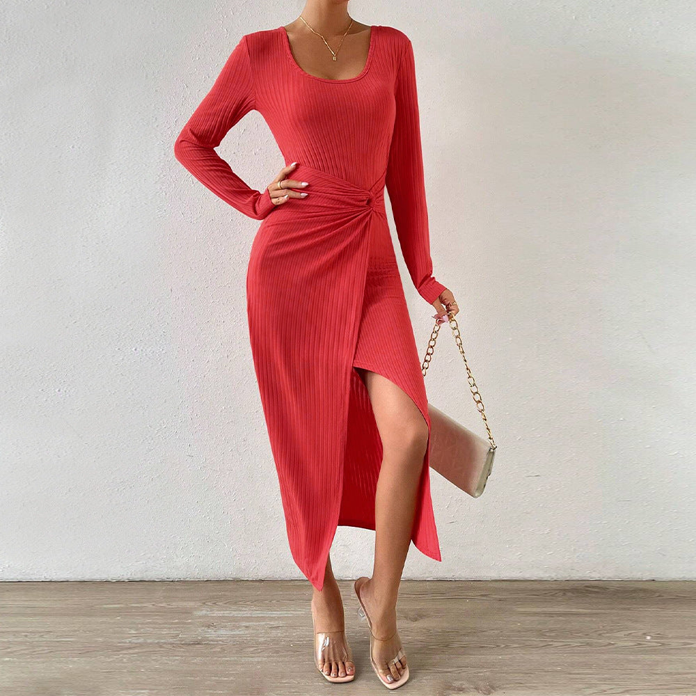Damen gerafftes Maxikleid mit Knotendetail, figurbetonter Rippenstruktur und hohem Seitenschlitz – Valéora