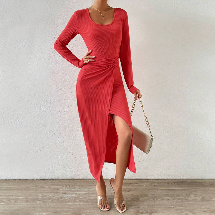 Damen gerafftes Maxikleid mit Knotendetail, figurbetonter Rippenstruktur und hohem Seitenschlitz – Valéora