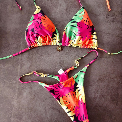 Damen Triangel-Bikini mit tropischem Blättermuster Echo Archiv