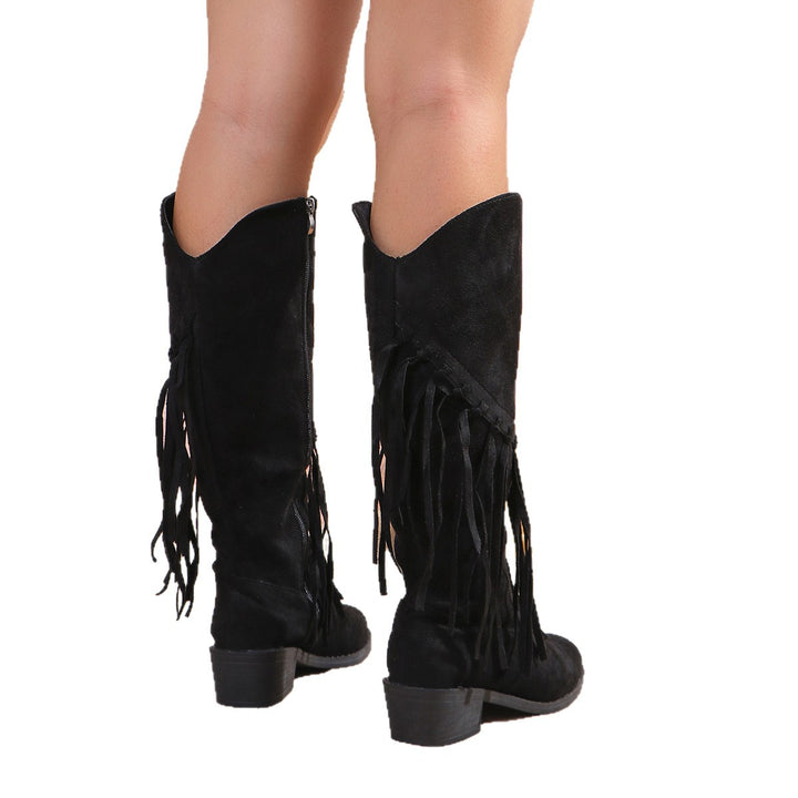 Damen Western-Kniestiefel mit Fransen, Wildlederoptik und mittelhohem Blockabsatz – Lioré