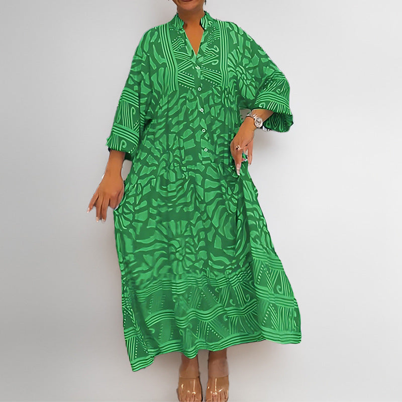 Damen Maxikleid mit Modernem Grafischem Design und Elegantem V-Ausschnitt Echoarchiv