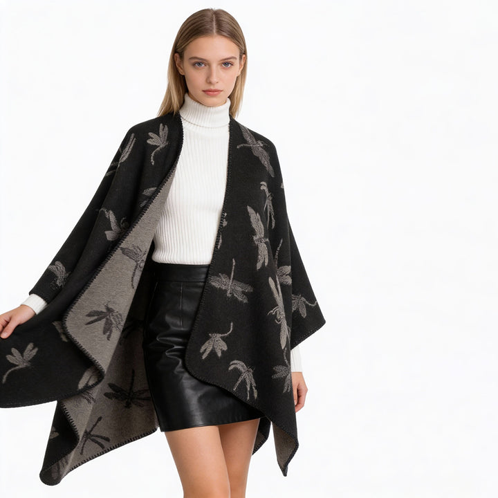 Damen Reversibler Cape-Poncho mit Libellen-Jacquard und feinem Saum – Célinea