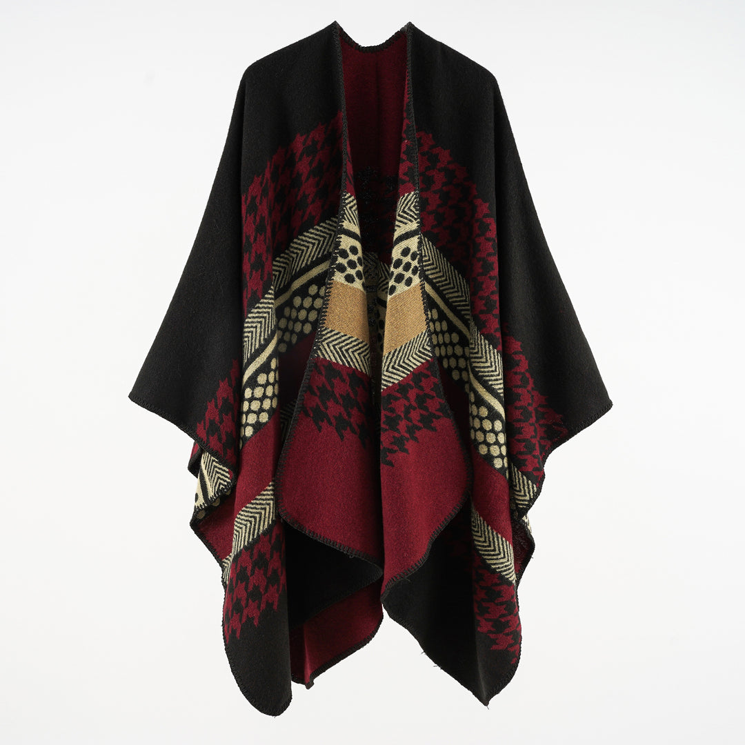 Damen Wohliger Oversize-Umhangponcho aus Wollmix mit Hahnentritt- und Grafikjacquard – Célinea