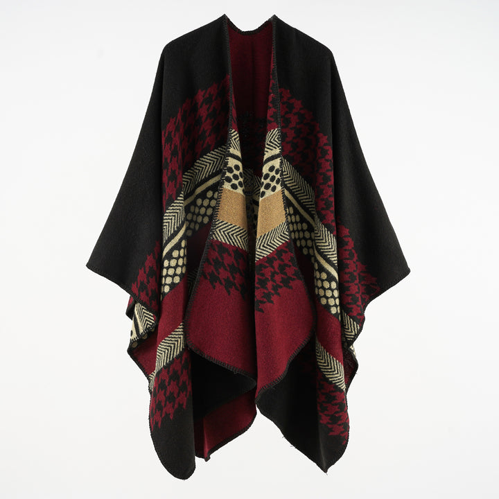 Damen Wohliger Oversize-Umhangponcho aus Wollmix mit Hahnentritt- und Grafikjacquard – Célinea