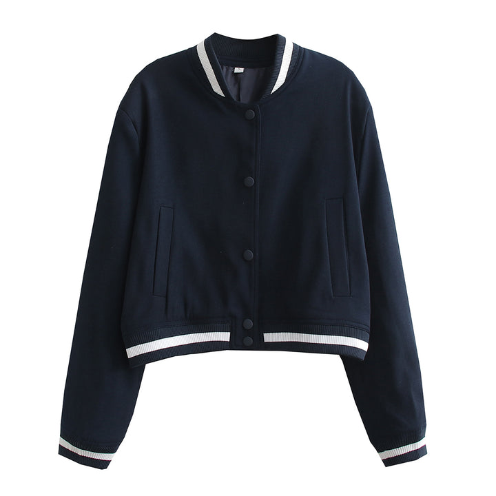 Damen Kurz geschnittene Collegejacke mit Rippbündchen und Druckknöpfen – Célinea