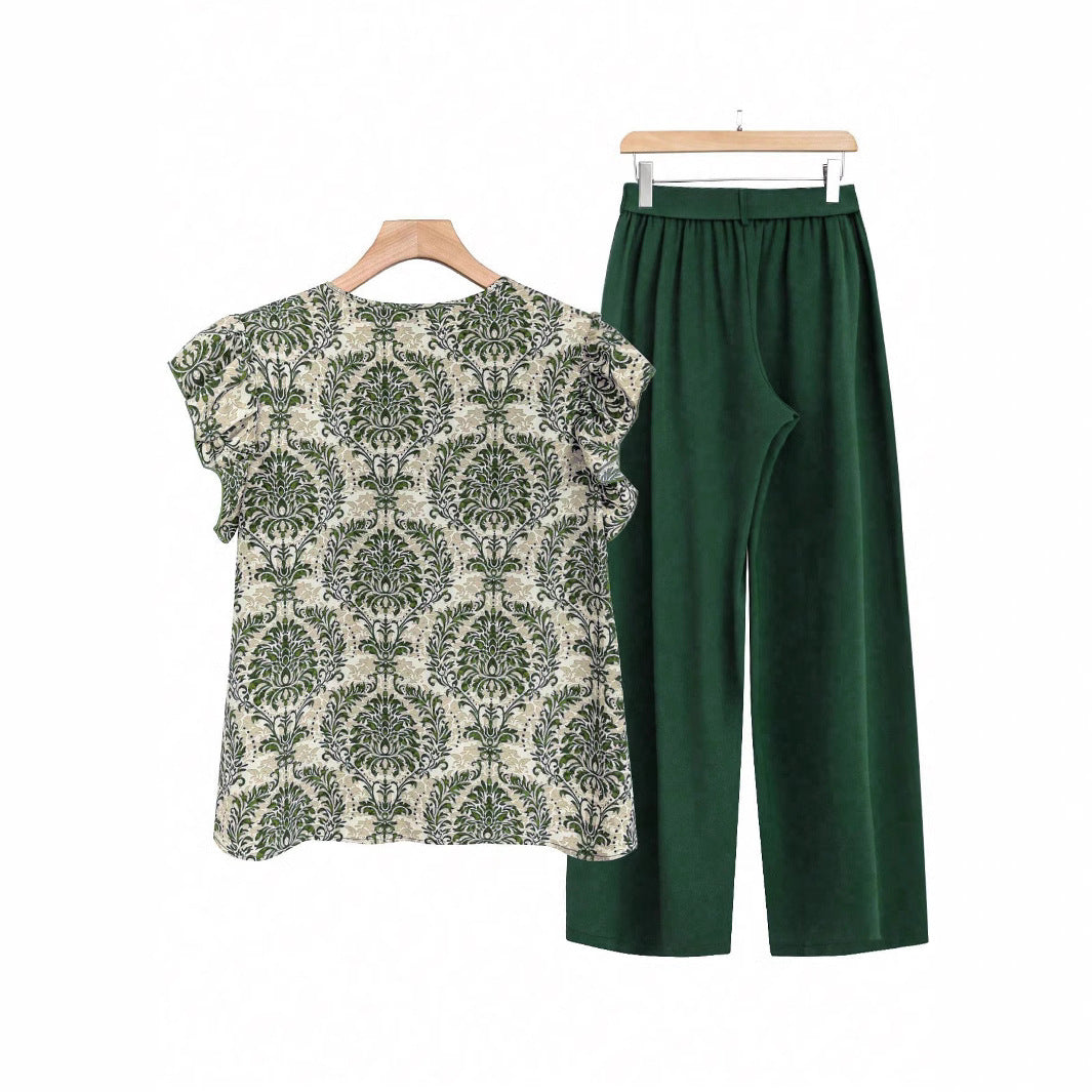 Damen Zweiteiliges Ensemble mit Rüschen-Printbluse und weitem Taillen-Hosenmodell – Élanora