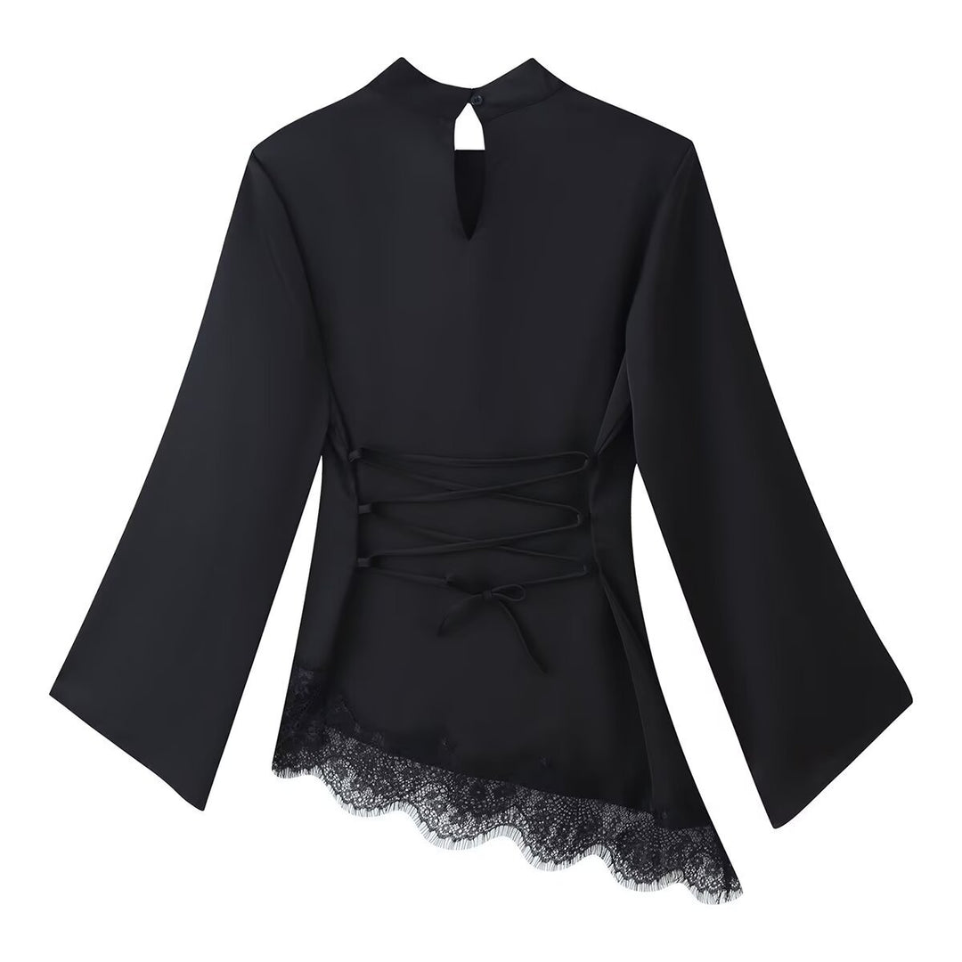 Damen Asymmetrisches Satin-Top mit Spitzenbesatz, Stehkragen und Glockenärmeln Echo Archiv
