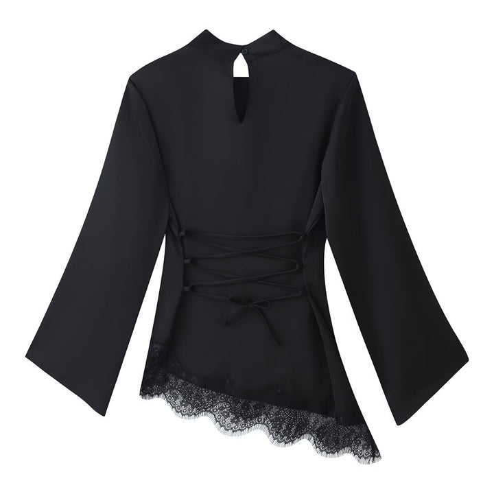 Damen Asymmetrisches Satin-Top mit Spitzenbesatz, Stehkragen und Glockenärmeln Echo Archiv