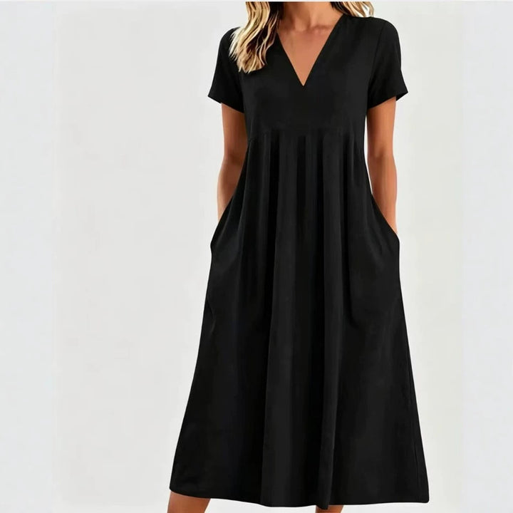 Damen nan legeres V-Ausschnitt-Midikleid mit Eingrifftaschen und geraffter Empirenaht Echo Archiv