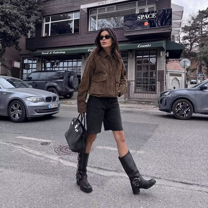 Damen nan Oversize-Fieldjacke in Velourslederoptik mit Pattentaschen, Hemdkragen und elastischem Saum Echo Archiv