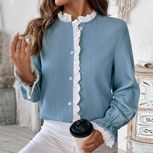 Damen Romantische Bluse mit Häkelspitzen-Besatz und Ballonärmeln – Élovi