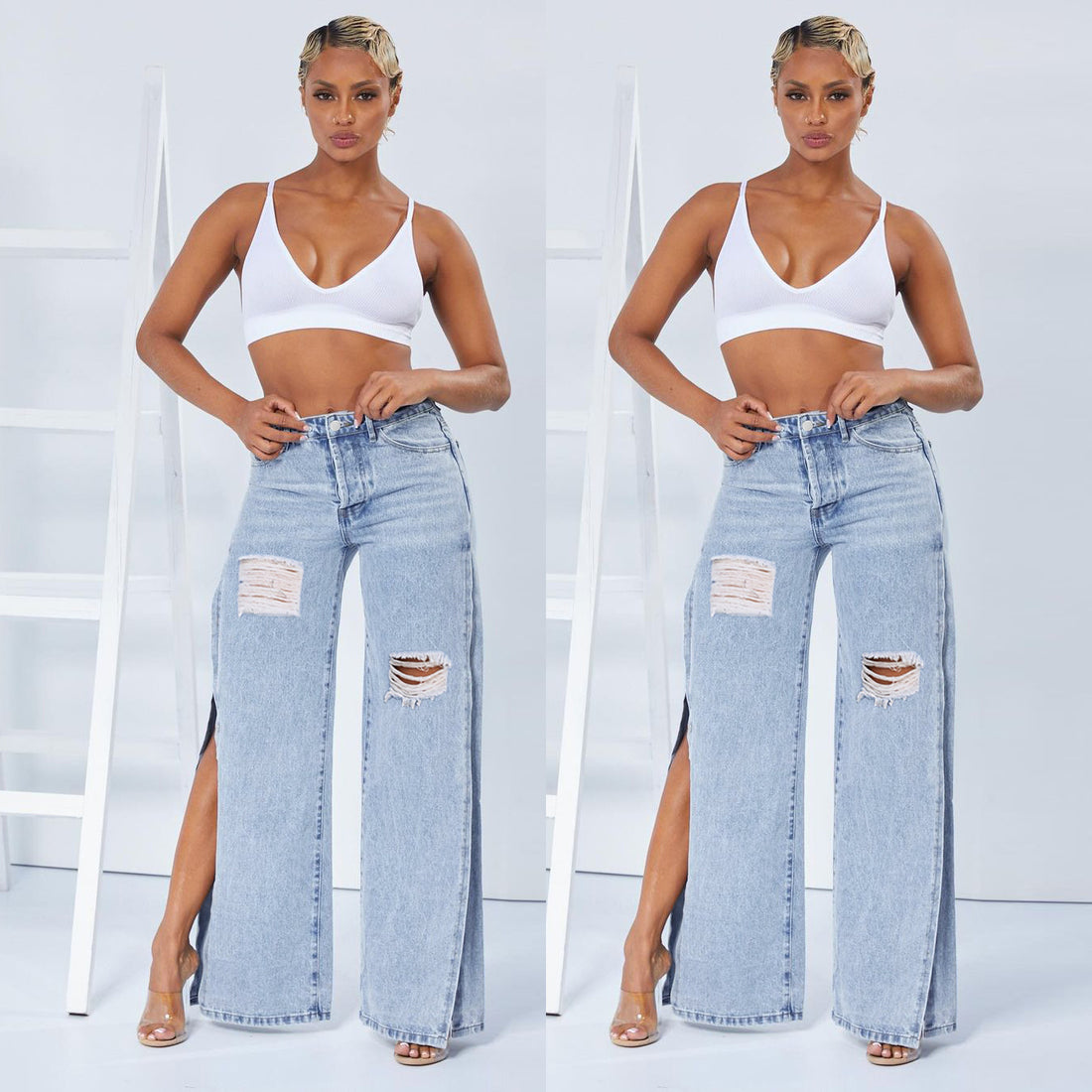 Damen weite High-Waist-Jeans mit seitlichen Beinschlitzen, Destroyed-Knie und formendem Bund Echo Archiv