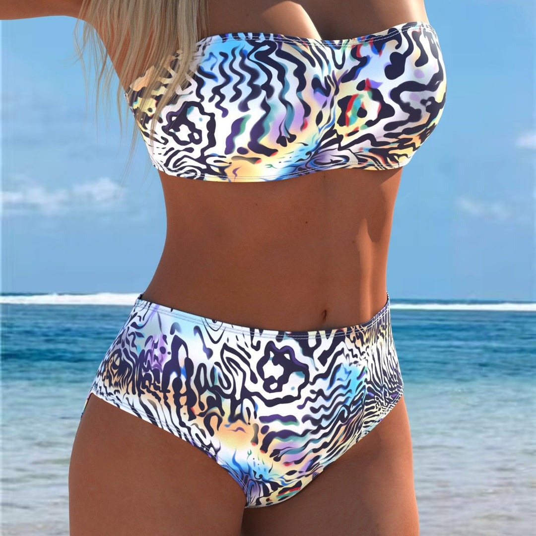 Damen Bandeau-Bikini-Set mit hohem Schnitt und dynamischem Wellenmuster Echo Archiv