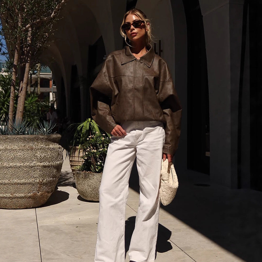 Damen Boxy Cropped Lederimitat‑Blouson mit Oversize‑Schulter Echoarchiv