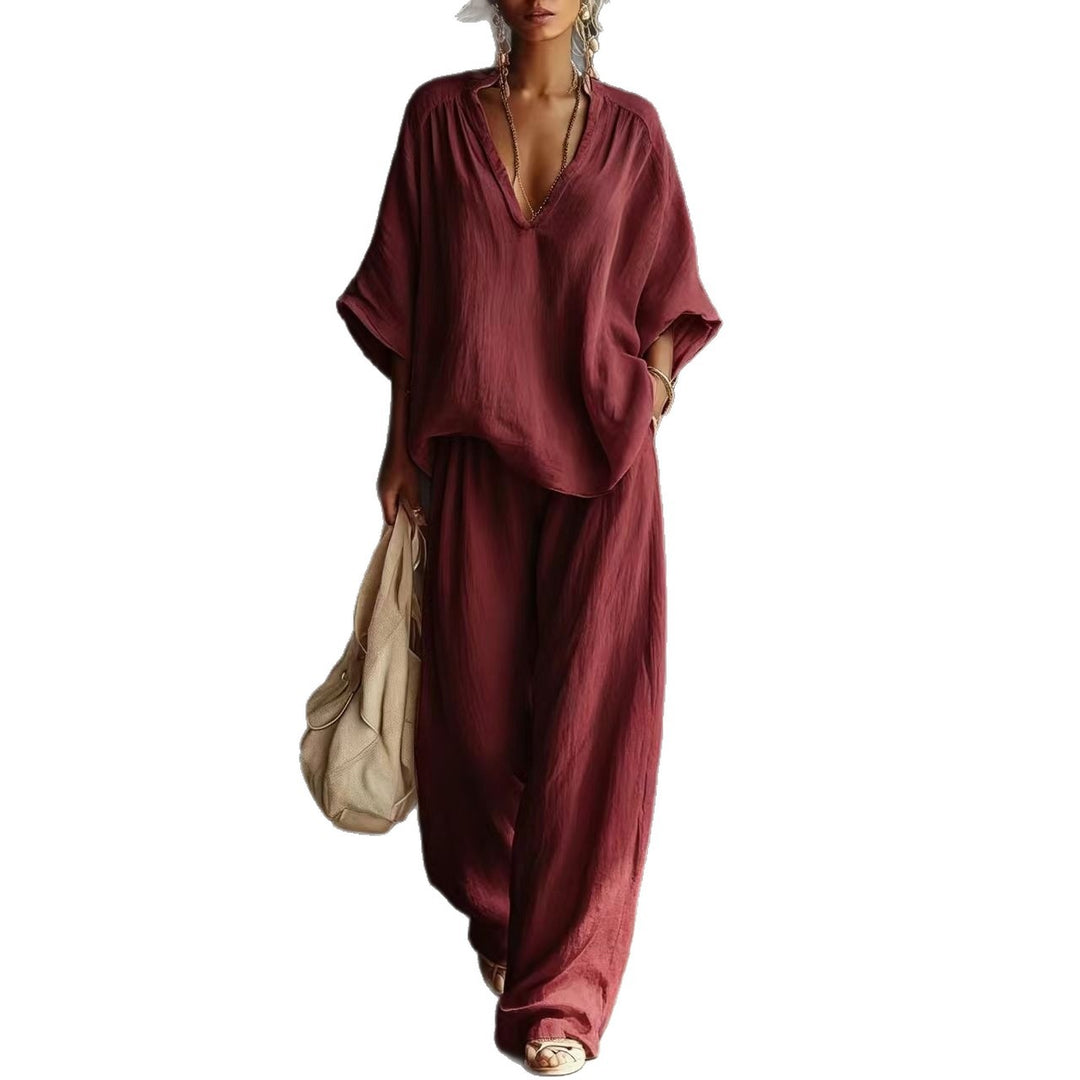 Damen nan lässiges zweiteiliges Leinenoptik-Set mit tiefem V-Ausschnitt, Oversize-Bluse und weitem Palazzo-Hosen Echo Archiv