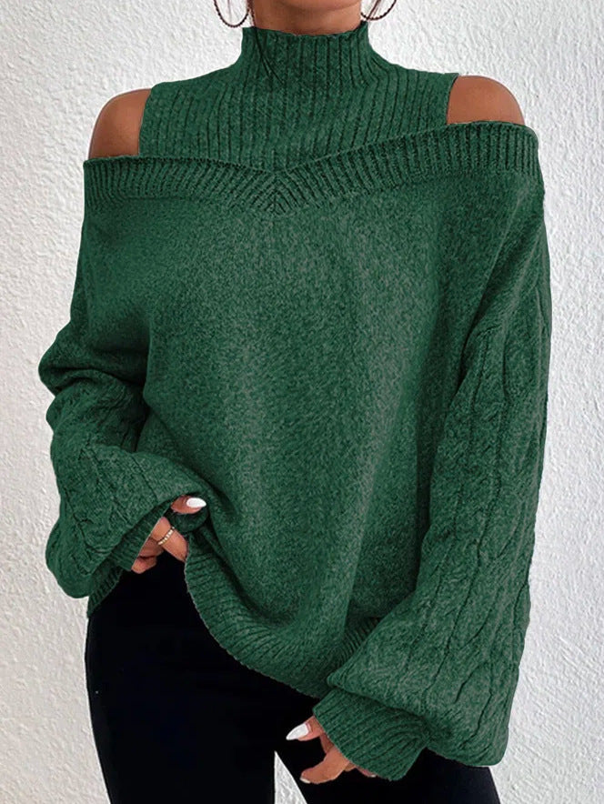 Damen nan schulterfreier Strickpullover mit Stehkragen und Zopfmusterärmeln Echo Archiv