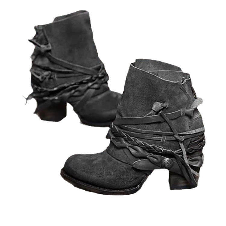Damen Vintage Western-Ankleboots aus Velourslederoptik mit geflochtenen Zierriemen und niedrigem Blockabsatz Echo Archiv