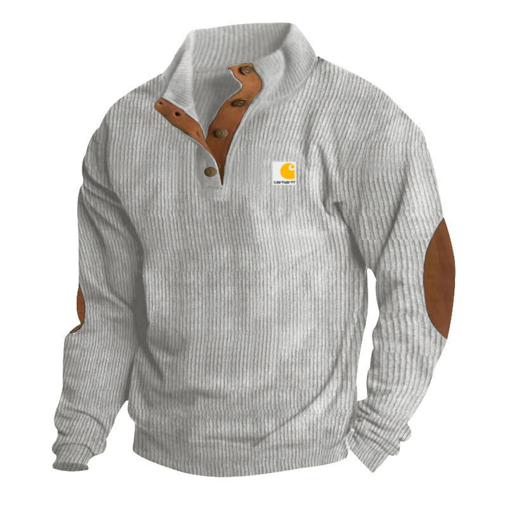 Herren nan Strickpullover im Troyer-Stil mit Stehkragen Lederbesatz Druckknopfleiste und Ellbogen-Patches Echo Archiv