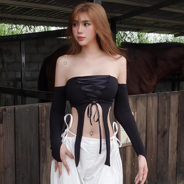 Damen elastisches Off-Shoulder Top mit aufwendiger Schnürung Echo Archiv