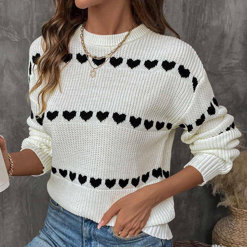 Damen Strickpullover mit Herz-Jacquard, Oversize-Rundhals & Rippbündchen Echoarchiv