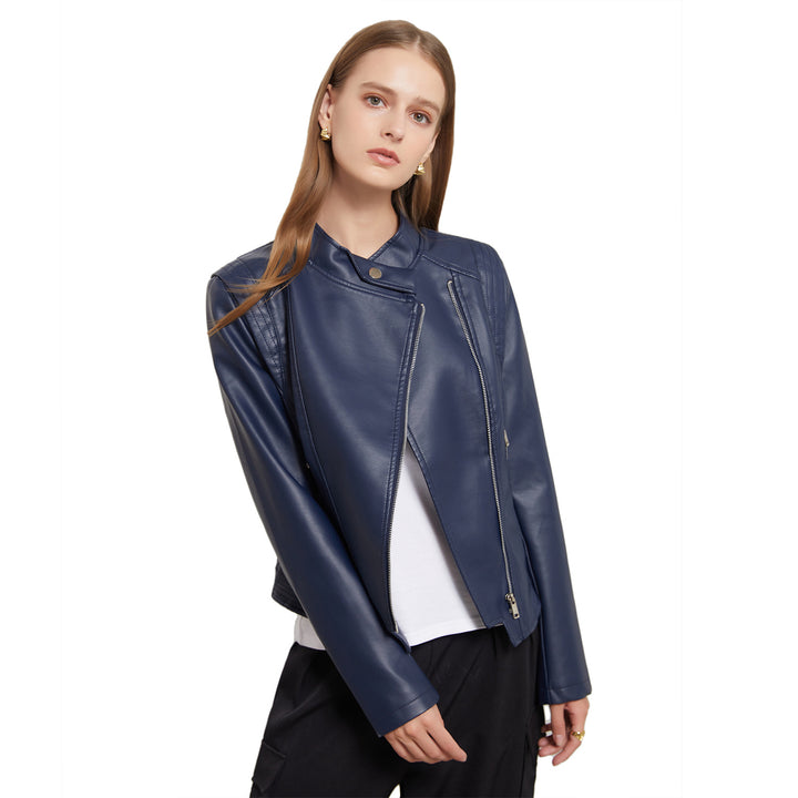 Damen nan kurze taillierte Bikerjacke aus Kunstleder mit asymmetrischem Reißverschluss Echo Archiv