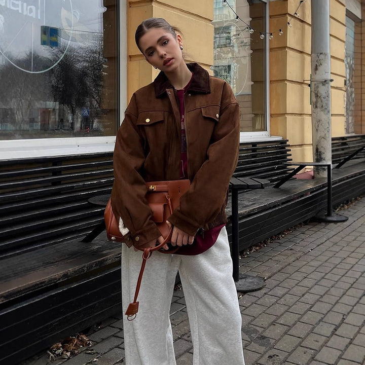 Damen Boxy-Suede-Blousonjacke mit Cordkragen und Teddyfutter Echoarchiv