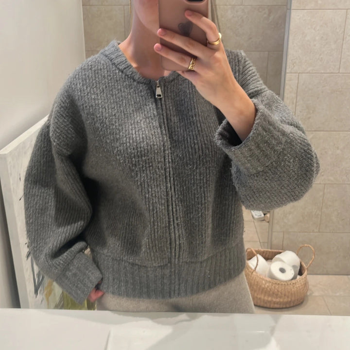 Damen Oversize gerippter Kurzpullover mit Halbzip und überschnittener Schulter – Avérine