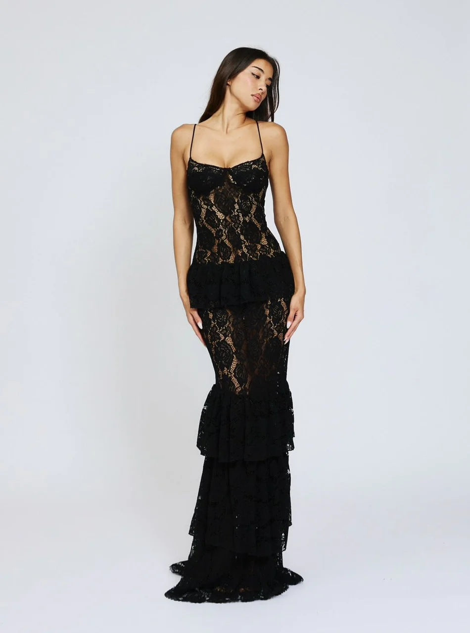 Damen Spitzen-Ballkleid mit Rüschendetails und figurbetontem Schnitt Echo Archiv