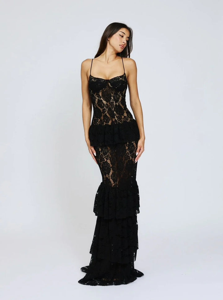 Damen Spitzen-Ballkleid mit Rüschendetails und figurbetontem Schnitt Echo Archiv