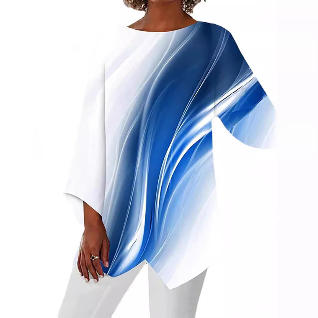 Damen asymmetrisches Langarmshirt mit Grafikdruck und Fledermausärmeln – Avérine