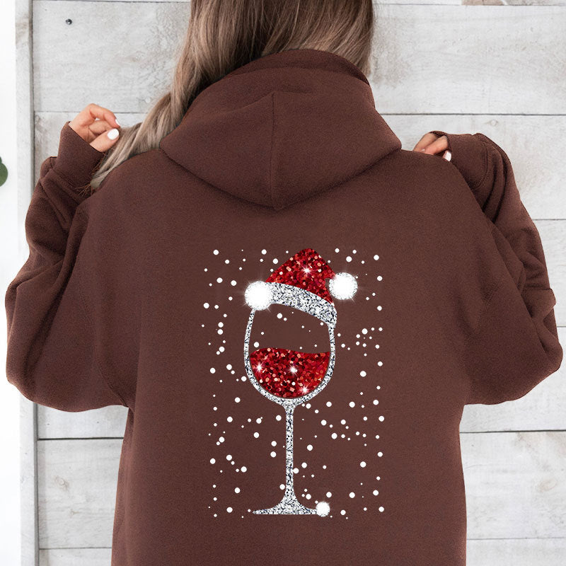 Damen Oversize Kapuzenpullover mit weihnachtlichem Glitzer-Weinglas-Print Echoarchiv
