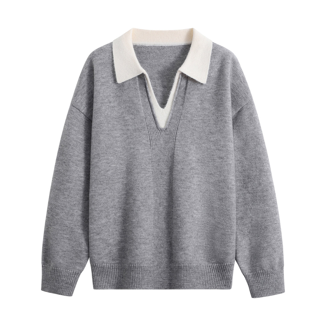 Damen Oversize-Polo-Strickpullover aus weichem Wollmix mit kontrastkragen und tiefem V-Ausschnitt Echoarchiv