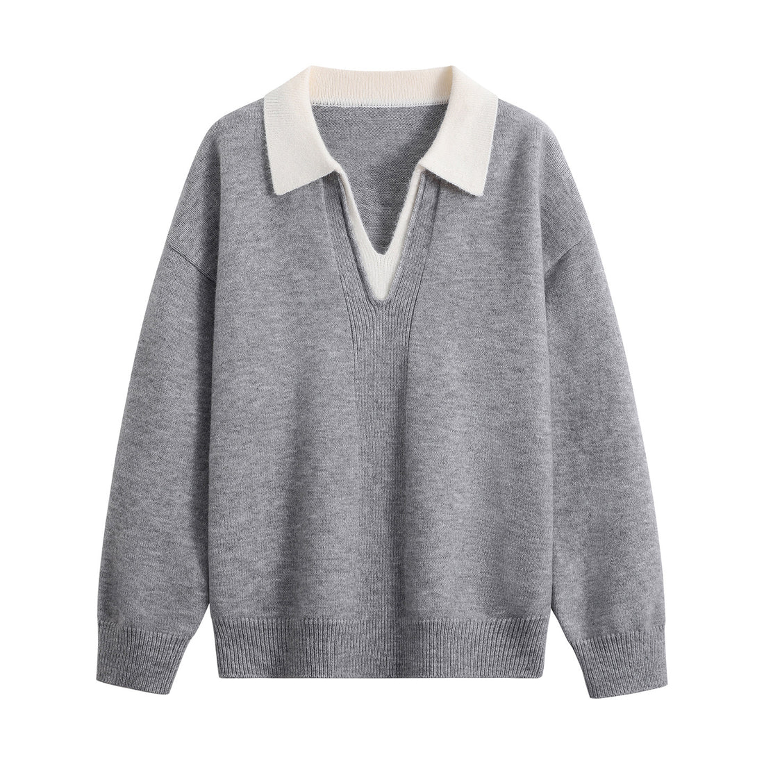 Damen Oversize-Polo-Strickpullover aus weichem Wollmix mit kontrastkragen und tiefem V-Ausschnitt Echoarchiv