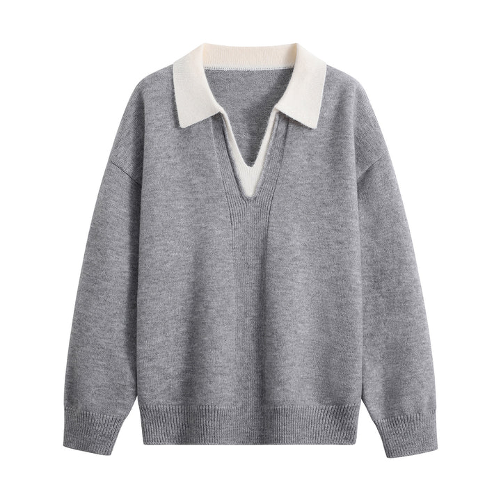 Damen Oversize-Polo-Strickpullover aus weichem Wollmix mit kontrastkragen und tiefem V-Ausschnitt Echoarchiv
