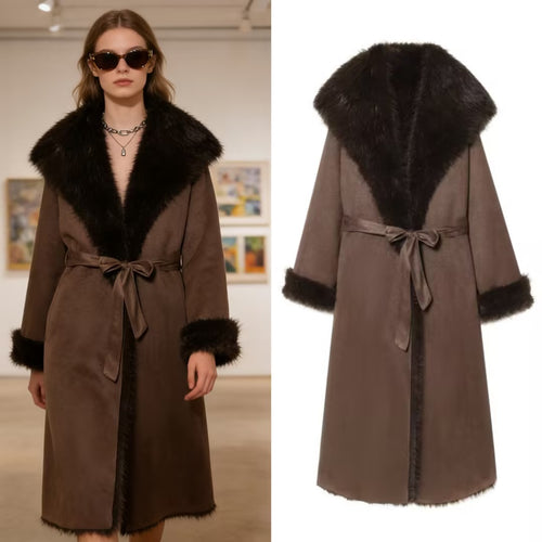 Damen Langer Lammfellimitat-Mantel mit Kapuze, Bindegürtel und Faux‑Fur‑Besatz Echo Archiv
