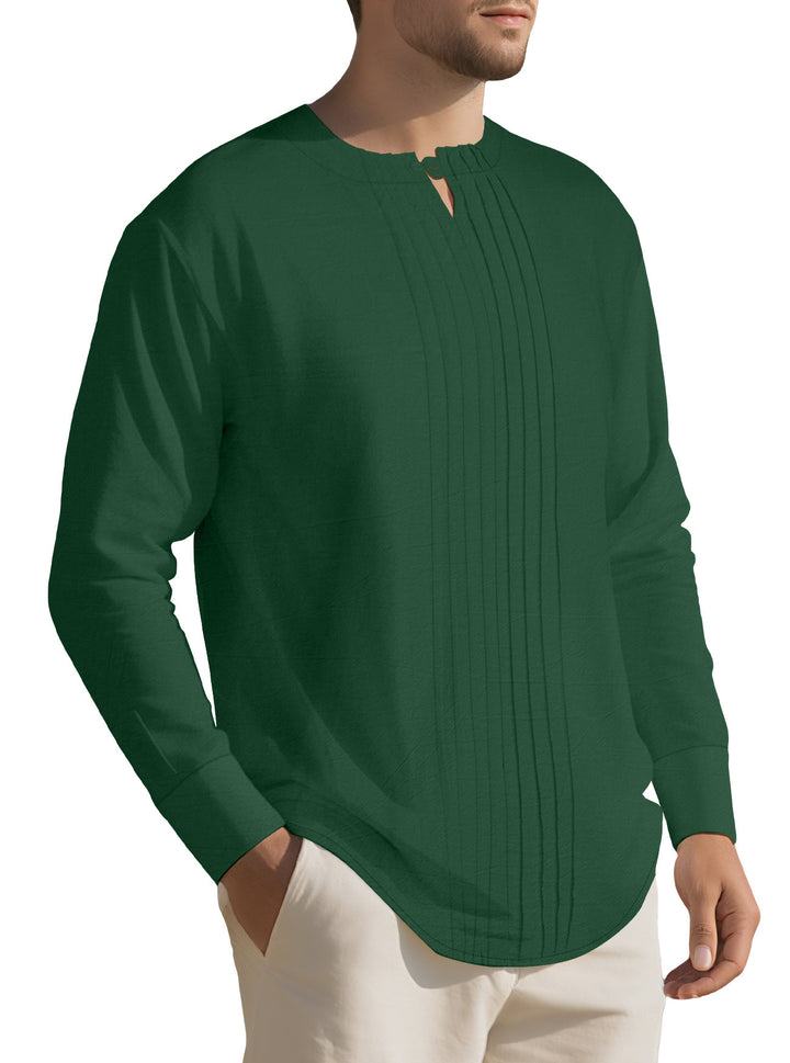 Herren Leichtes Langarmshirt im Leinenlook mit Stehkragen, Kellerfalten und Schlaufenverschluss Echoarchiv
