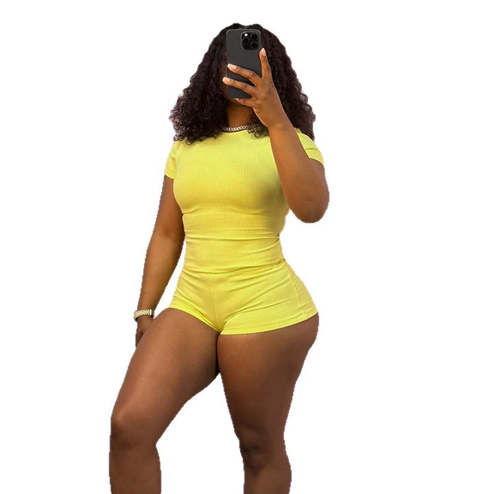Damen Figurbetontes Jumpsuit mit kurzen Ärmeln und Rippenstruktur Echo Archiv