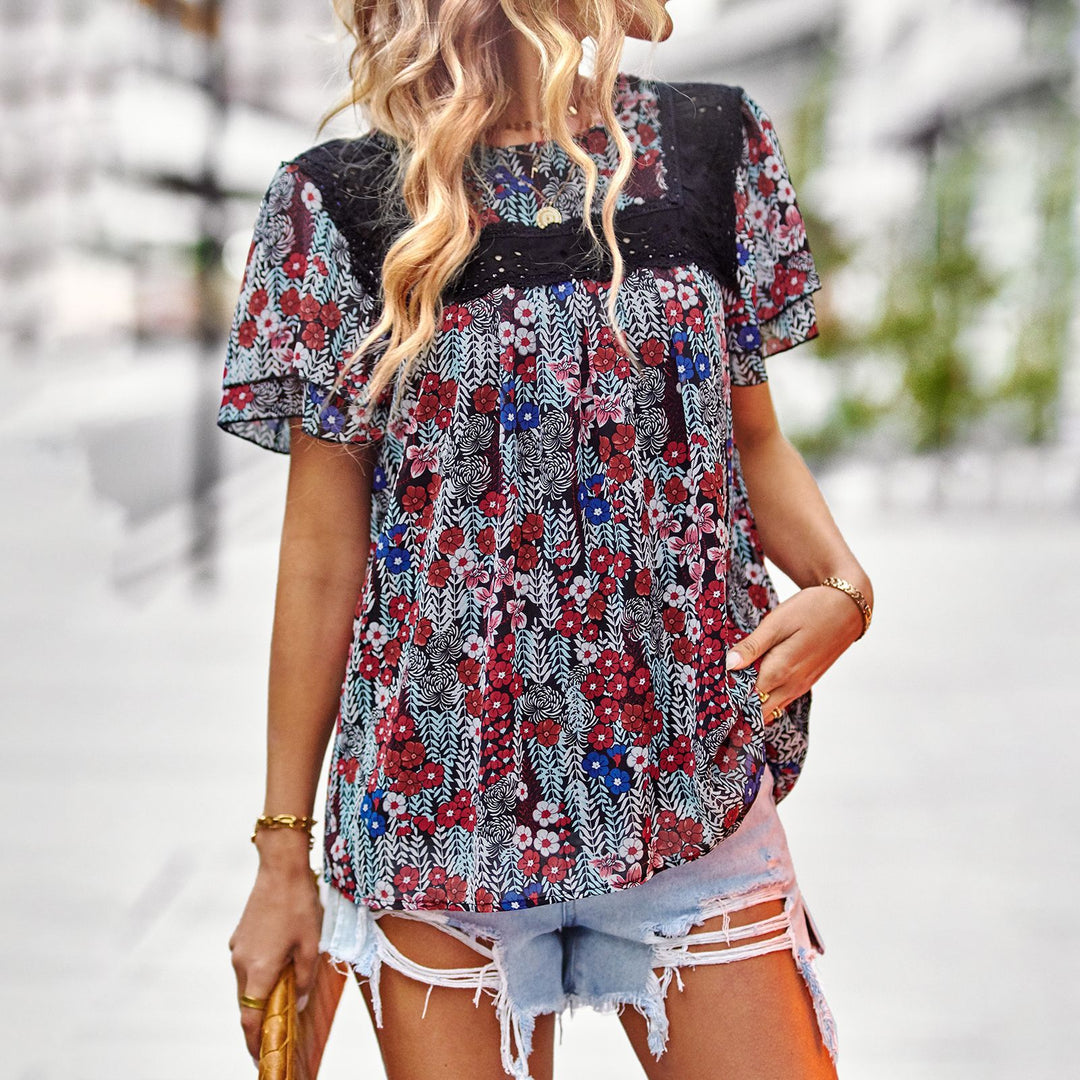 Damen Blumenmuster-Bluse mit Spitzenbesatz Echo Archiv