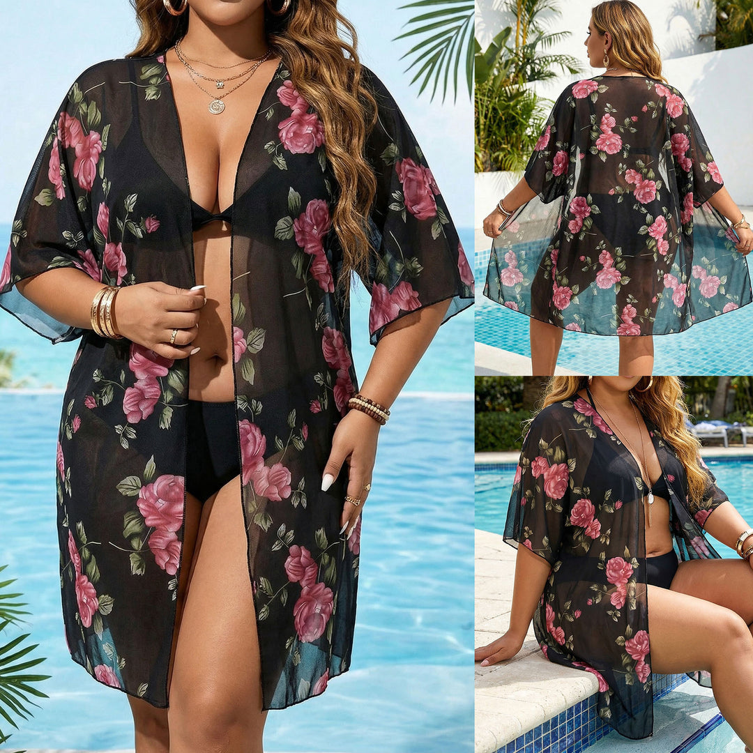 Damen transparenter Strandüberwurf mit floralen Mustern Echo Archiv