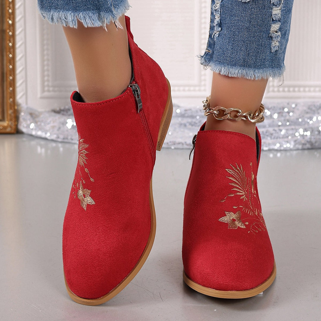 Damen Gestickte Ankle-Boots mit V-Cut und seitlichem Reißverschluss Echoarchiv