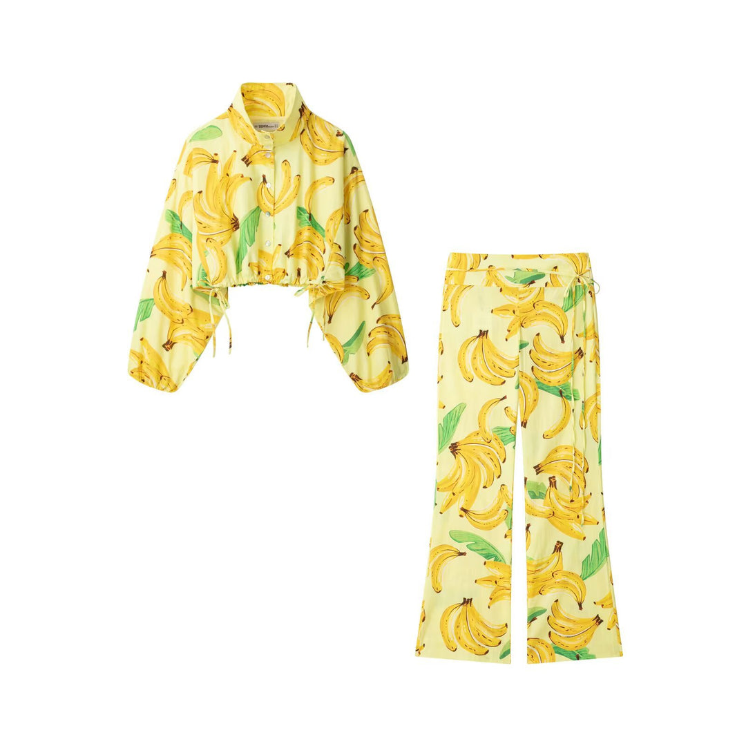Damen Hochgeschnittene weite Schlaghose mit tropischem Bananenprint Echo Archiv