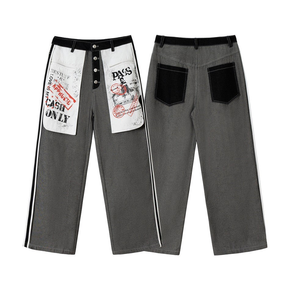 Damen Wide-Leg Cargo-Jeans mit aufgesetzten Grafik-Patches und Kontraststreifen Echoarchiv