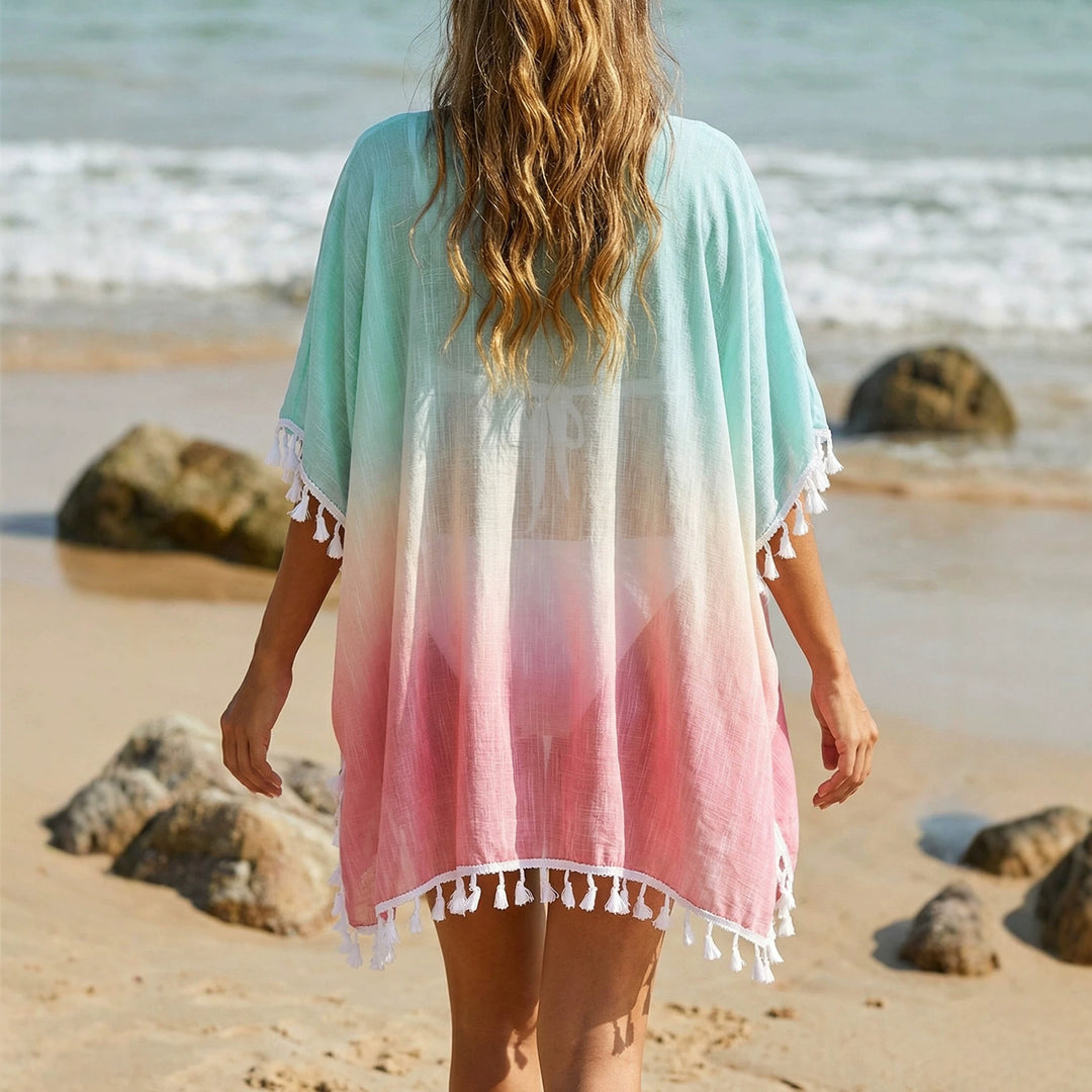 Damen lässiger Strandponcho mit fransigen Akzenten Echo Archiv