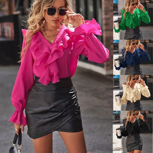 Damen Chiffon-Volantbluse mit V-Ausschnitt und gerafften Manschetten Echo Archiv