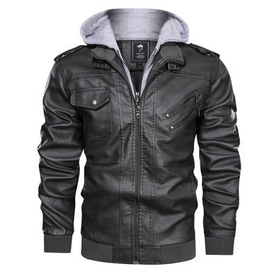 Herren Lederimitat-Fieldblouson mit innenliegendem Hoodie, Reißverschluss-Brusttaschen und Rippbündchen – Taviero