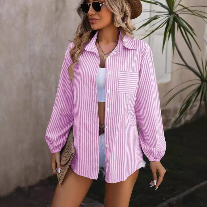 Damen Oversized Hemdbluse mit Streifen, Brusttasche und Ballonärmeln – Élovi