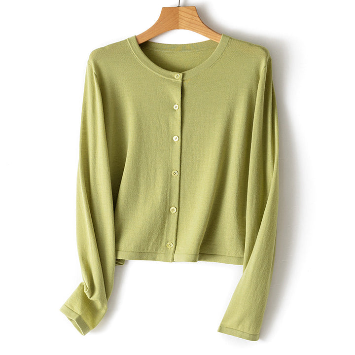 Damen leichte kurz geschnittene Feinstrick-Cardigan mit Rundhalsausschnitt und Knopfleiste Echoarchiv