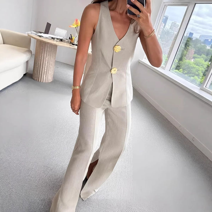 Damen elegantes Jumpsuit mit vordere Knopfleiste und weitem Bein Echo Archiv