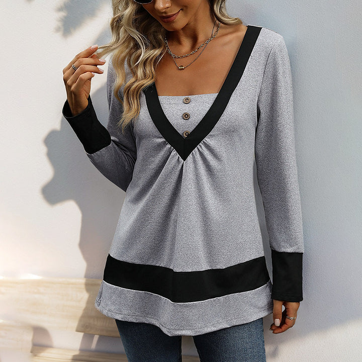 Damen Longsleeve mit tiefem V-Ausschnitt, Zierknopfleiste und Kontrastbordüren Echoarchiv